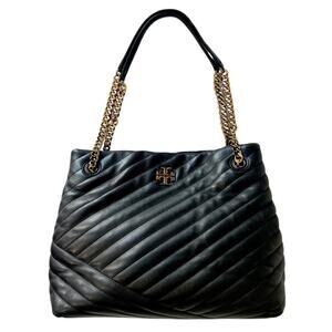 Tory Burch Kira Chevron Quilted Leather Tote Black Gold Chain Shoulder Bag